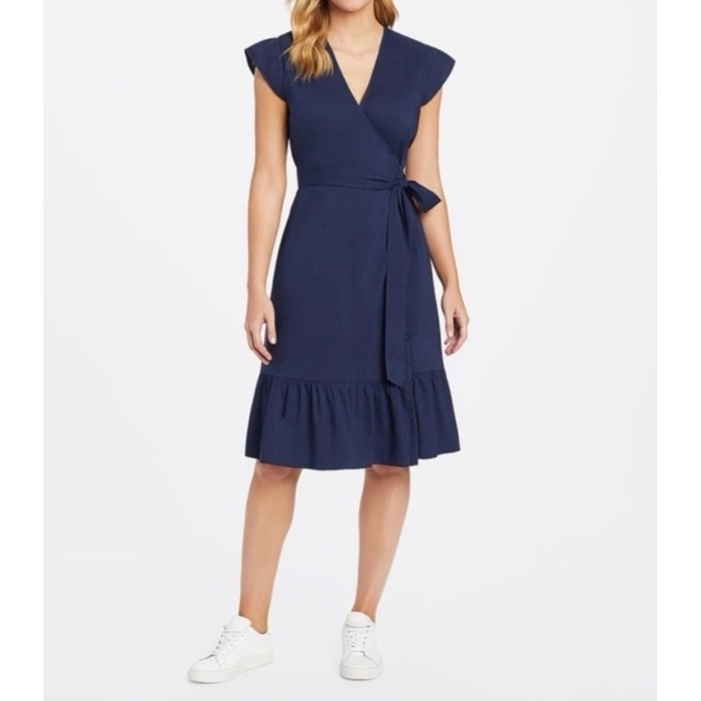 Draper James Navy Blue Wrap Dress Ruffle Hem Tie Waist Casual‎ Size 4